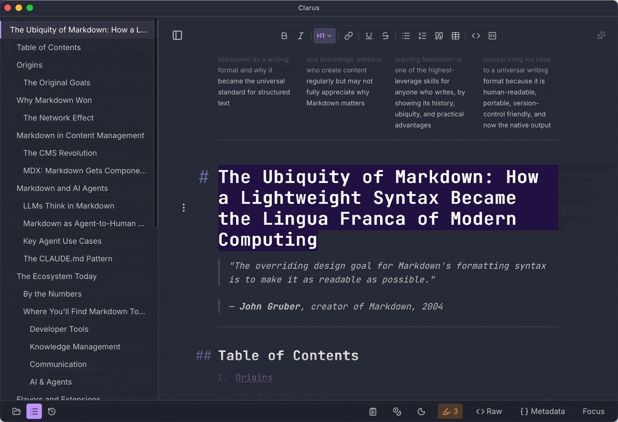 Outline view showing document structure with nested headings in Clarus