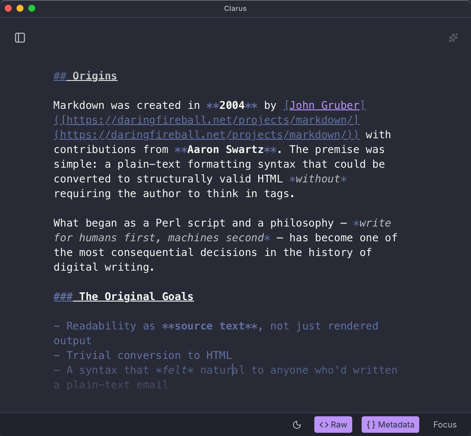 Raw markdown source of a Clarus document
